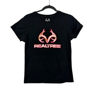 Realtree M Pink Camo Logo Black Outdoors Gorpcore Hunting Fishing Womens T Shirt